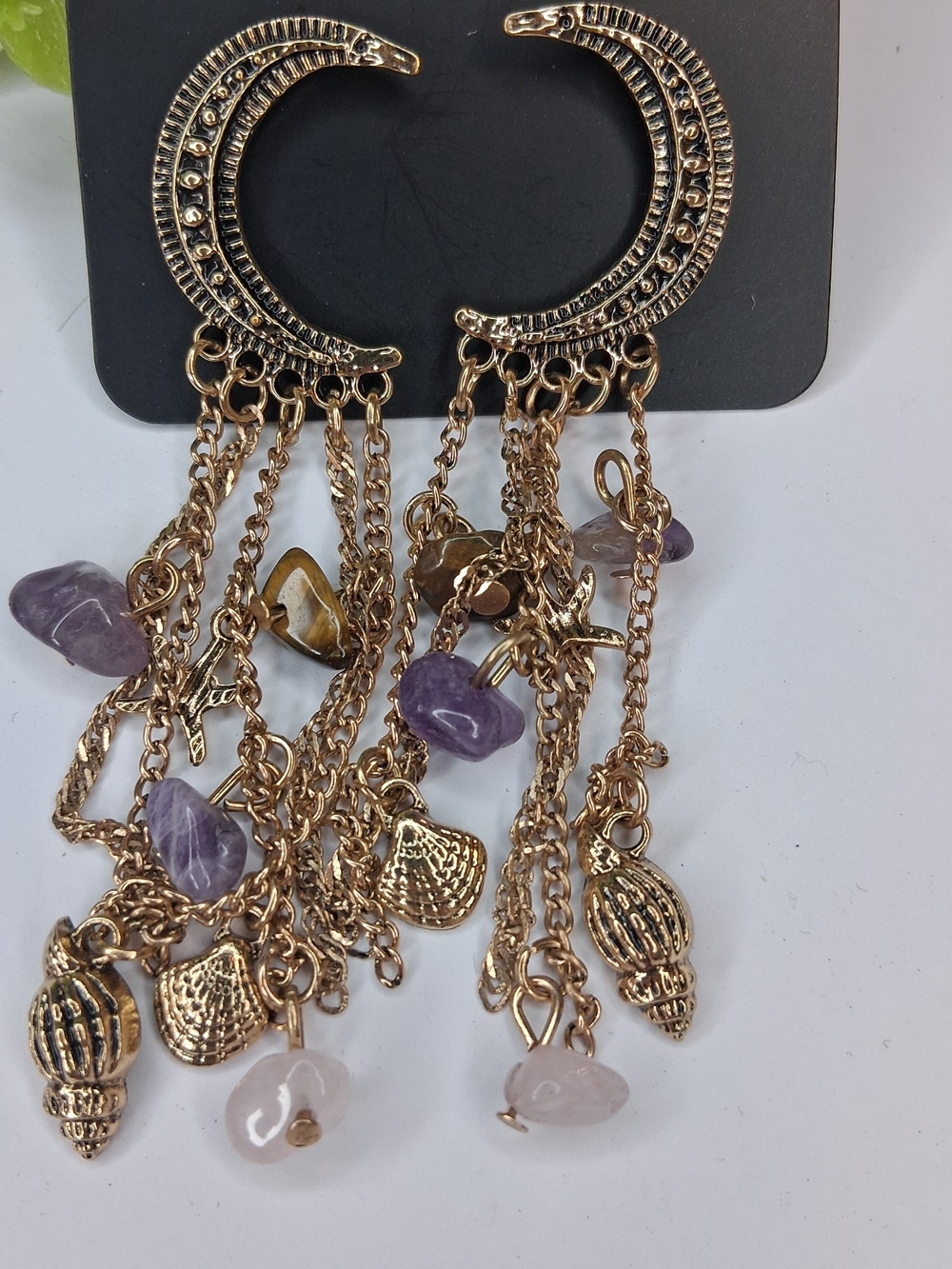 Gold Crescent Moon Fringe Dangle Earrings with Purple and Pink Gems With Shells